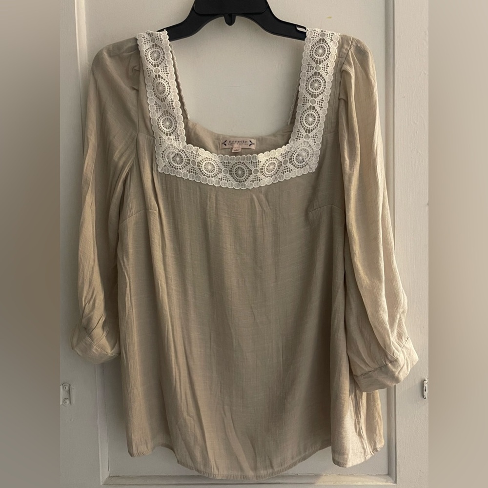 Nanette Lepore Blouse Boho Oatmeal Beige White Crochet Lace Trim Size L